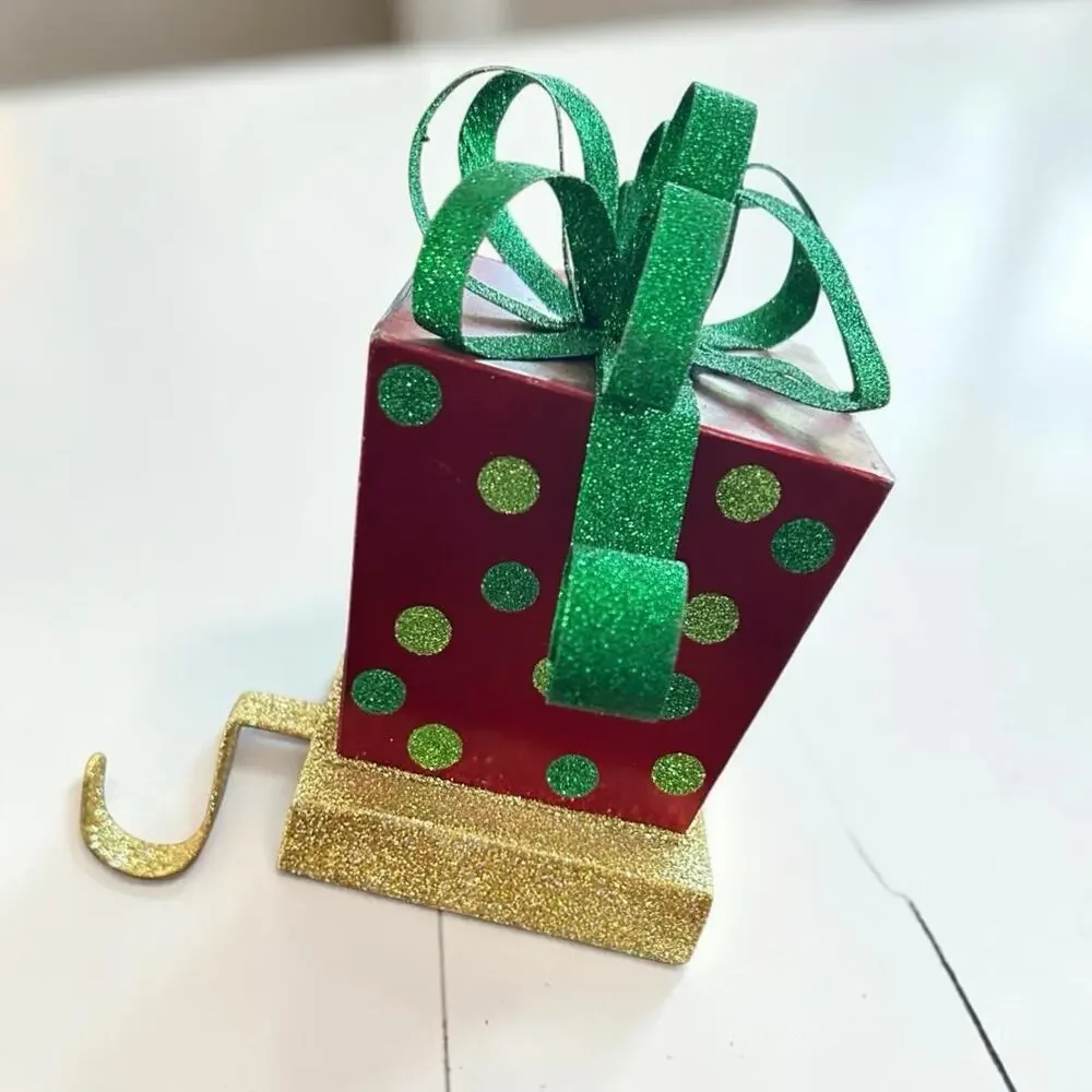 Christmas Stocking Hanger Red W/Green Dots. Gold Glitter Base Grinchy Look